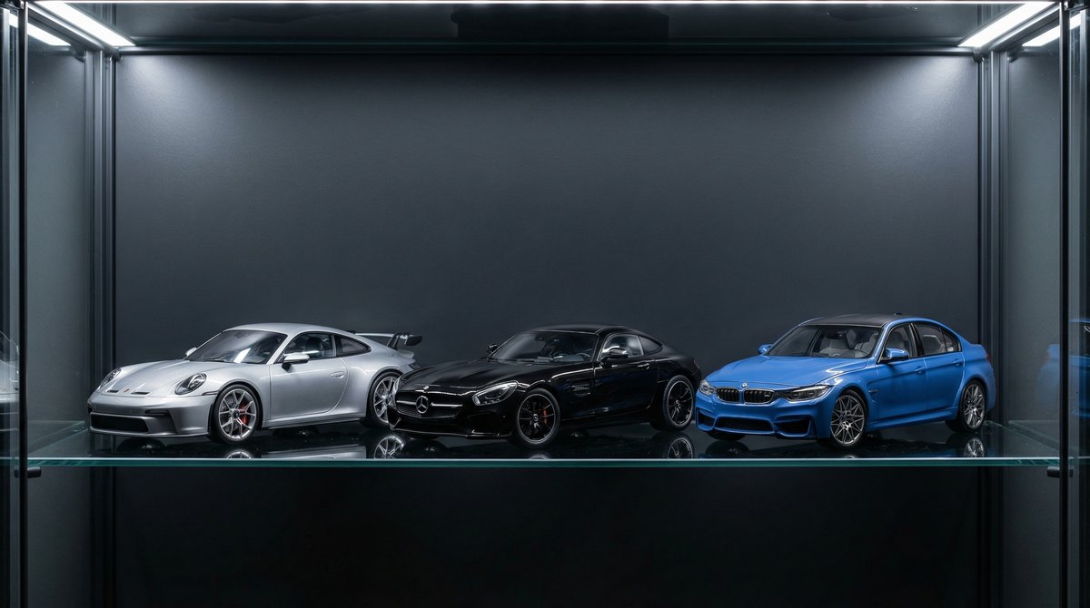 Miniaturas a escala 1:18 diecast de Porsche, Mercedes-Benz e BMW expostas numa vitrina de coleccionador