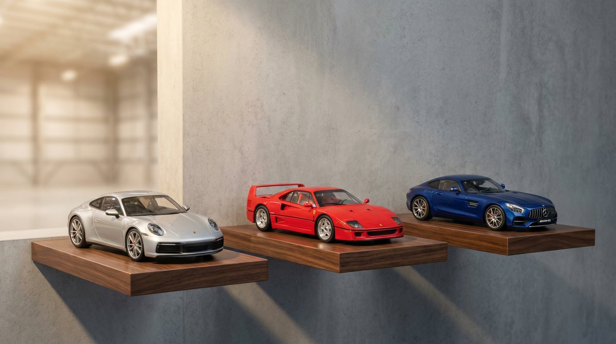 Armazem da Models118 com miniaturas de colecao diecast expostas em prateleiras em Czestochowa, Polonia