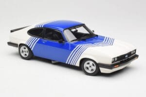 Ford Capri Mk2 3.0 Branco com Riscas Azuis Minichamps 1:18 155788600 Metal - imagem 4 de 6