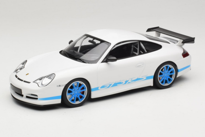 Porsche 911 996 GT3 RS Branco Faixas Azuis Minichamps 1:18 155062021 Metal
